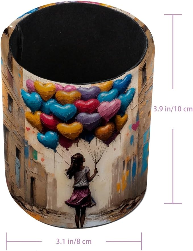Watercolor Girl and Balloons Pen Holder Pencil Organizer for Desk, 3.1” x 3.1” x 3.9” Pencil Cup Office Supplies, Large Capacity Cute Pen and Makeup Brush Holder for Home, School, Desktop