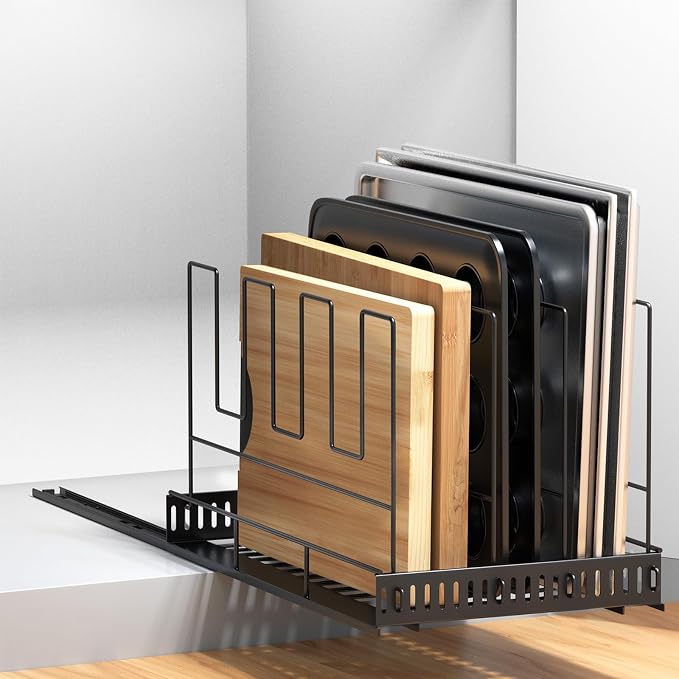 Housolution Pull Out Large Baking Tray and Cookie Sheet Organizer, 21.5" Deep Cutting Board Organizer with 4 Adjustable Dividers, 12" Wide Bakeware Muffin Pan Storage Rack for Cabinet