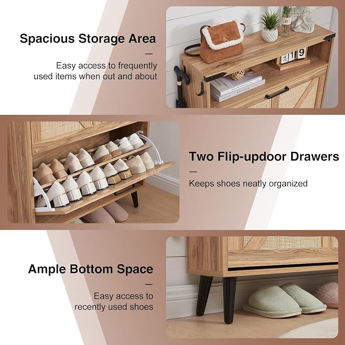 Barnyatoh Shoe Storage Cabinet, Boho Rattan Shoe Organizer with 2 Flip Drawers,Farmhouse Freestanding Hidden Slim Narrow Shoe Rack Cabinet with Open Shelves for Entryway, Foyer,Hallway, Natural