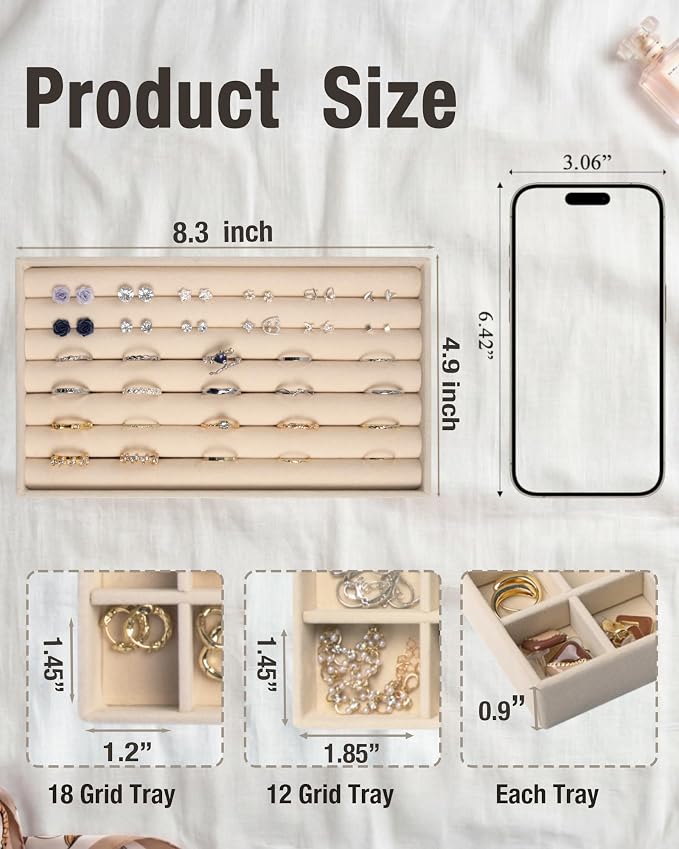 Jewelry Organizer Trays Set of 8,Velvet Jewelry Tray Stackable Storage Drawer Trays for Earring Ring Necklace Jewelry Display Case(8 Set,Beige)