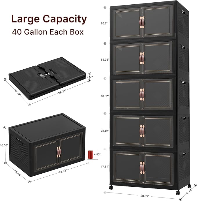 Stackable Storage Bins with Lids, Collapsible Storage Boxes, Foldable Plastic Storage Drawers for Bedroom,Office, Dorm (5, Black, XL)