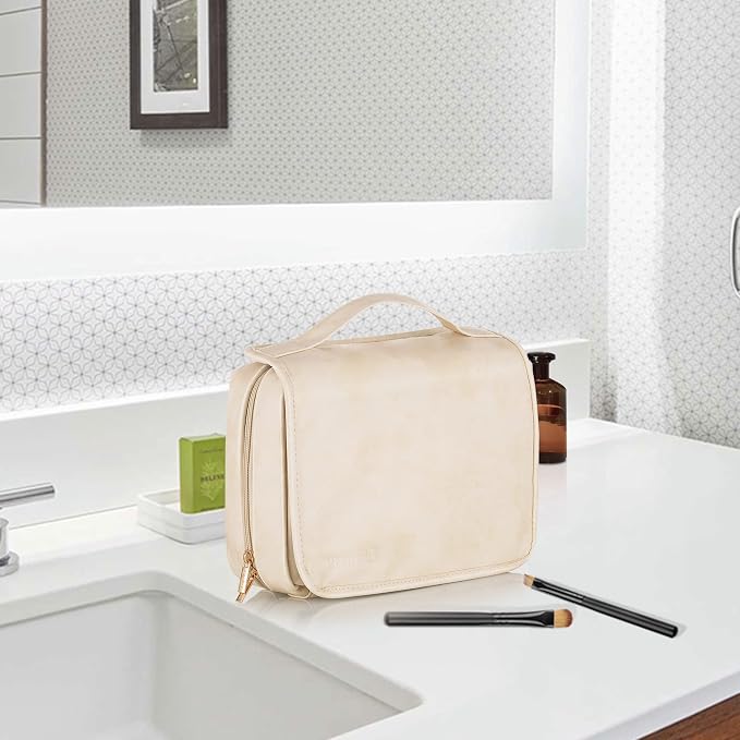 Elviros Hanging Travel Toiletry Bag for Women Vegan Leather (Beige) | 3-in-1 Waterproof Makeup Bag with Compartments for Skincare, Toiletries, Accessories, and Travel Essentials