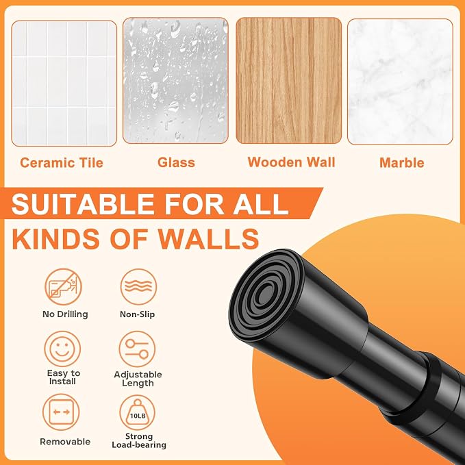 Tension Curtain Rod 28-38 Inch No Drill Expandable Spring Loaded Curtain Rods Adjustable, Small Tension Rod for Window, Kitchen, Closet, Bathroom, Black