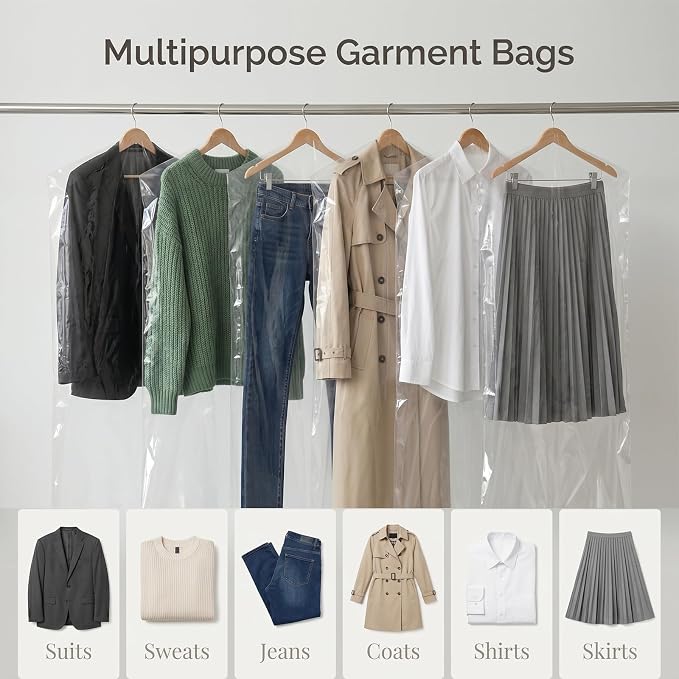 100 Pcs 60 Inch Clear Plastic Hanging Garment Bags | Dry Cleaner Laundry Bags Dust-Proof Hanging Clothes Storage for Long Dresses Skirt Coat Suit Shirt Jacket