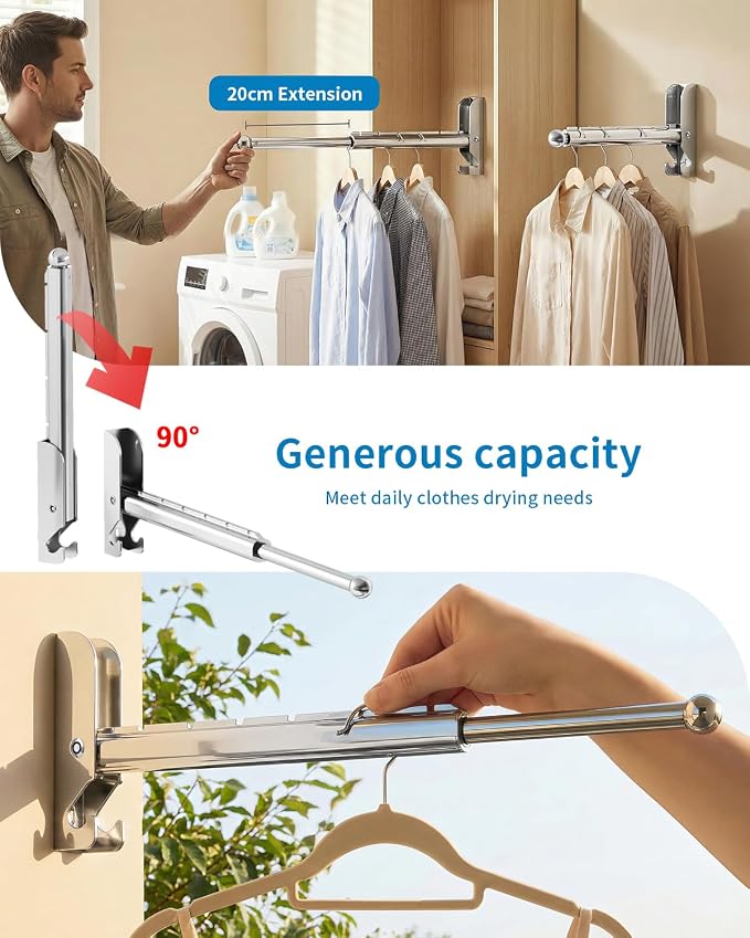 BaiNong Pull Out Wall Mounted Clothes Drying Rack Silver 13" Foldable | Laundry and Drying Solutions for Small Spaces Easy to Install