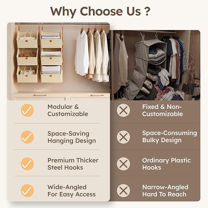 Homsorout Collapsible Hanging Closet Organizer - 6 Tier Closet Shelves Storage System with Hooks, Fabric Hanging Storage Bins for Clothes, Foldable Storage Basket for Laundry, Bedroom, Rv, Beige