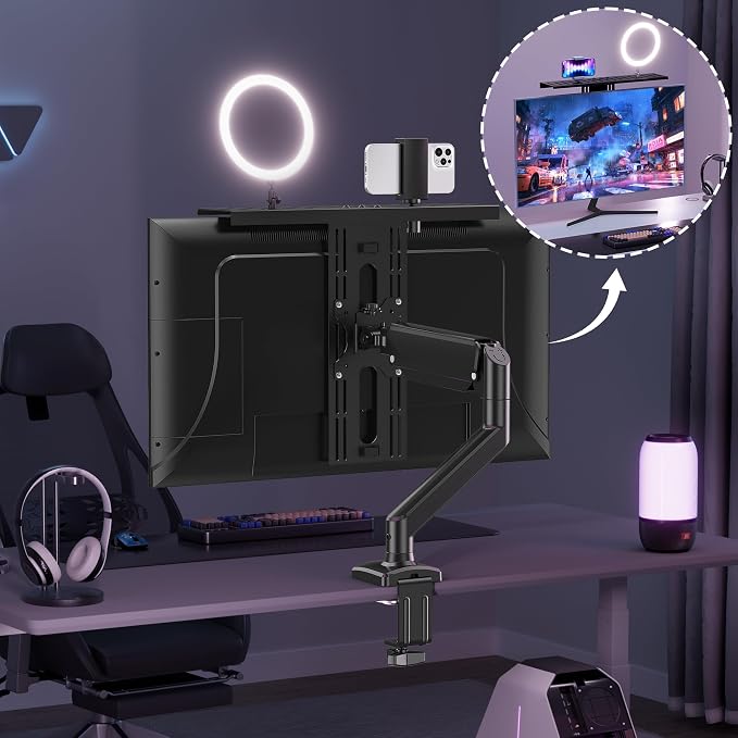 DSLR Monitor Mount Hold up to 11 lbs, Monitor Top Shelf for Livestream Device, Camera Mount, Webcams, Microphones, Lighting and More, Fits VESA Mount 75/100mm, Height Adjustable