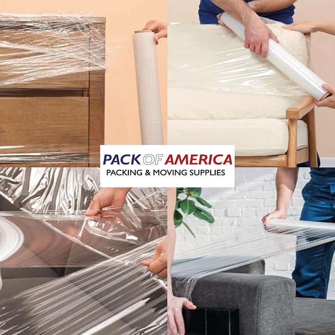 Pack of America Stretch Film - 4 Roll Clear, 18” x 1100 Feet, 80 Gauge (20 Micron) Industrial Heavy Duty Plastic Shrink Wrap and Dispenser for Packing, Shipping, Pallet, Moving Supplies