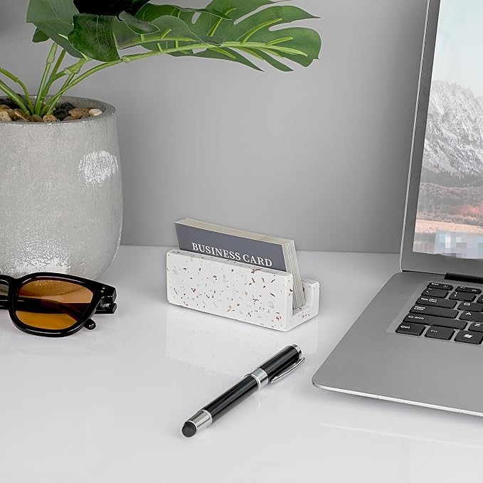 Hipiwe Business Card Holder for Desk Terrazzo Business Card Display Stand | Desktop Cards Display Stand for Women Men Concrete Business Card Stand Organizer for Office