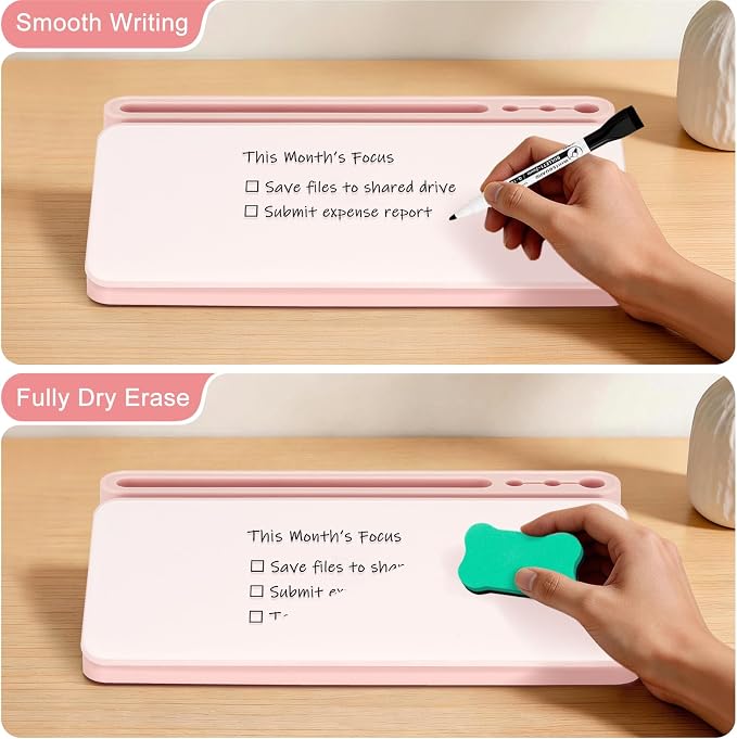 Small Desktop Glass Whiteboard with Storage, Desk White Board Stand Pink | Computer Keyboard Stand, Office Desk Organizers and Accessories with Drawer, To Do Memo Notepad, Home School Supplies