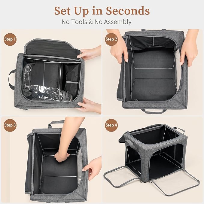 GoMaihe 3 Opening Clothes Storage Bins with Metal Frame, 40L Sweater Storage Organizer for Upper Shelf Closet Storage Boxes with Clear Window for Hoodies Jeans Towel 3-Pack Grey