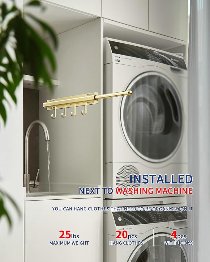 BaiNong Valet Rod for Closets Pull Out 12" Gold with 4 Hooks | Closet Valet Rod Slide Out for Closets, Laundry Rooms, RVs Space-Saving