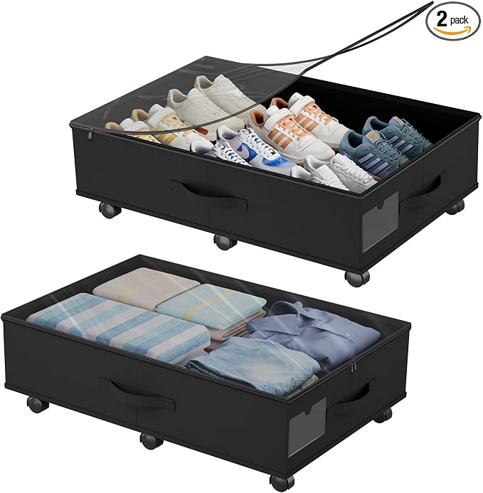 Babenest 2-Pack Under Bed Storage Organizer with Clear Zippered Lid, Foldable Rolling Underbed Drawers on 6 Wheels, Space Saving Clothes, Shoes, Toy Storage for Bedroom, Dorm, Closet