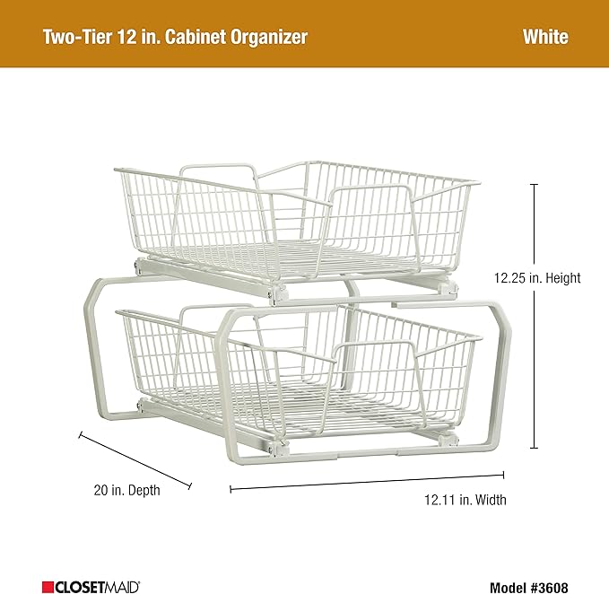 ClosetMaid 11 in. Pull Out Cabinet Organizer, 2 Tier, Heavy Duty, Slide Out Pantry Shelves Drawers for Kitchen, Bathroom, White