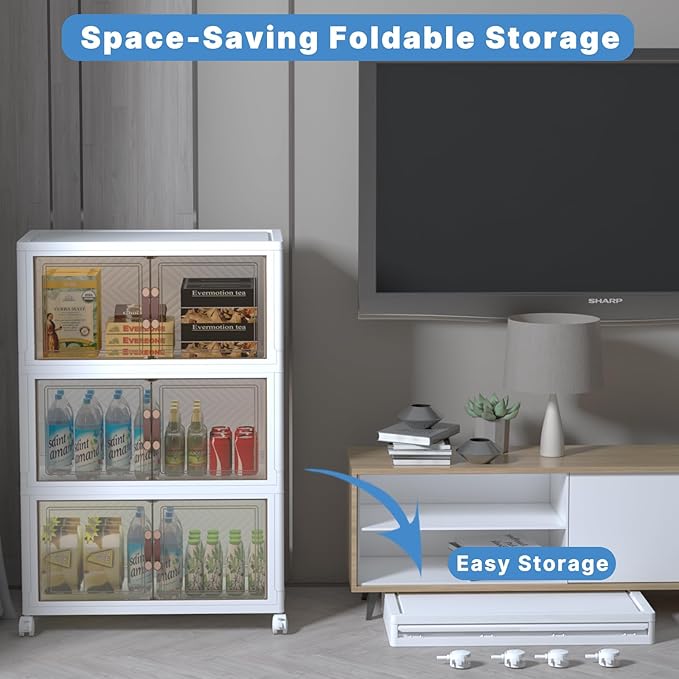 Stackable Storage Bins with Lids, Collapsible Storage Boxes, Foldable Plastic Storage Drawers for Bedroom,Office, Dorm (3, White, L)