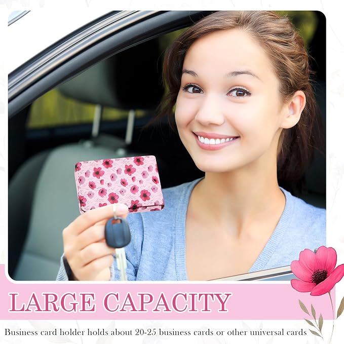 Outus 2 Pcs Business Card Holder, PU Leather Business Card Case Pocket Wallet with Magnetic Shut for Men Women(Pink and White,Floral)