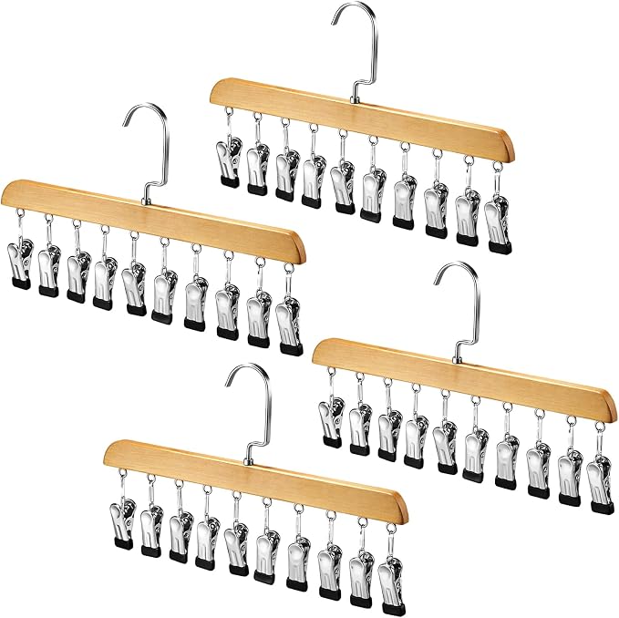 Novabright 4 Pcs Closet Organizers with 10 Clips Hat Pants Scarf Socks Hangers Wood Space Saving Rotating Hanging Hangers Clothespins with Padded Clips for Leggings Bra Tie Belt Jeans Skirt (Wood)