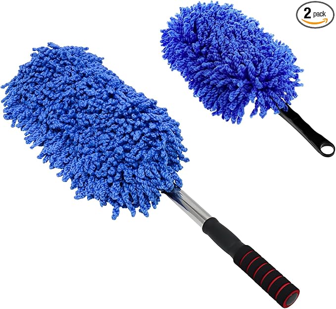 2 PCS Microfiber Car Dusters, Scratch Free Auto Exterior Dust Brust Set with Extendable Duster, Multipurpose Soft Brushes Dusting Supplies for Cars Trucks SUVs Motorcycles (Blue)