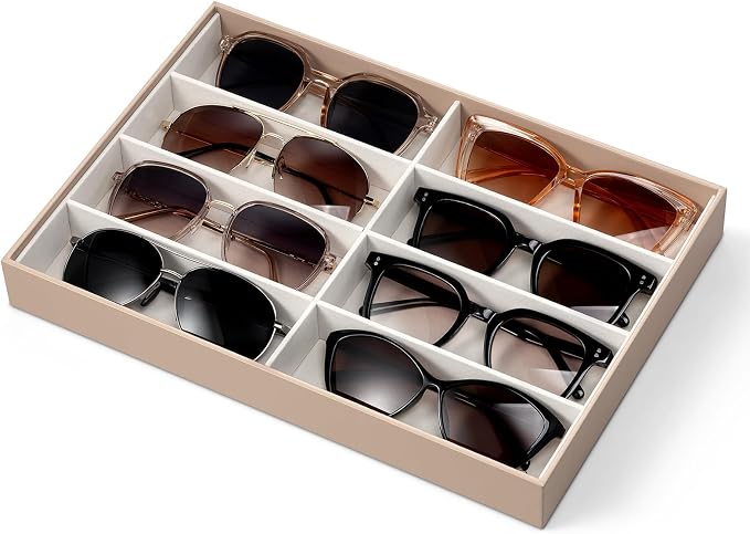VLANDO Sunglasses Organizer,Stackable Jewelry Tray for Glasses,Toffee | Removable Dividers, Soft Velvet Lining, Drawer Organizer for Glasses, Watches, Vanity Display, Gift for Women Girl