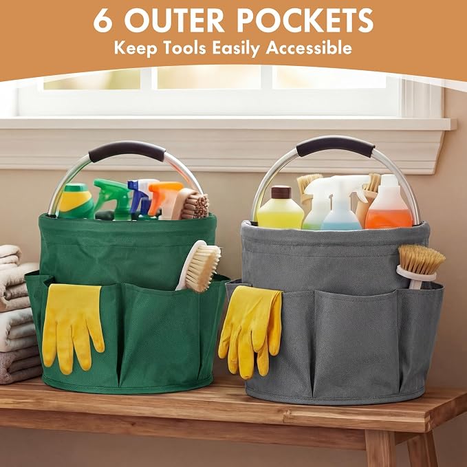 LemonRoad 4 Pack Cleaning Caddy with Handle 17L Foldable Cleaning Supplies Organizer Oxford Cloth Storage Basket with 6 Pockets Portable Multi Bucket Bag for Home Garden(Black,Gray,Navy Blue,Green)