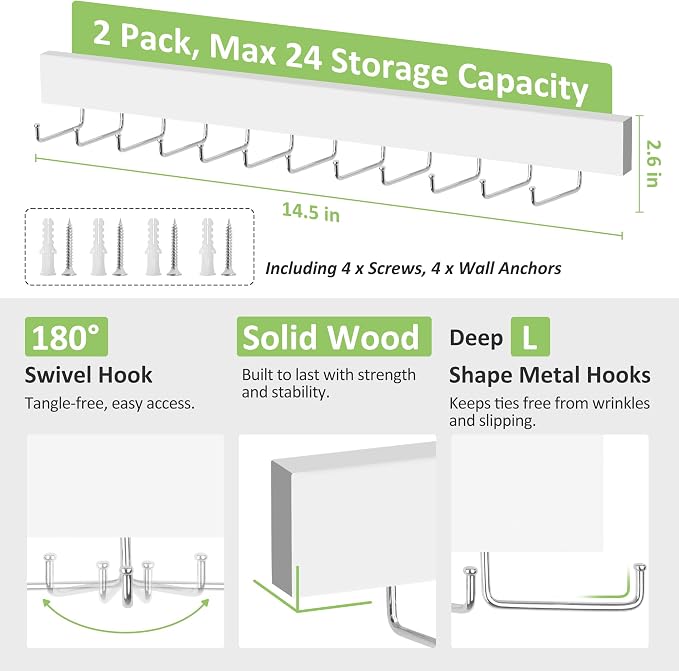 2 Pack Tie Hanger Wall Mounted, Wooden Tie Rack Belt Hanger with 24 Non Slip 180° Rotating Hooks, Belt Organizer Space Saving Tie Hanger for Closet, Tie Holder & Tie Organizer, White