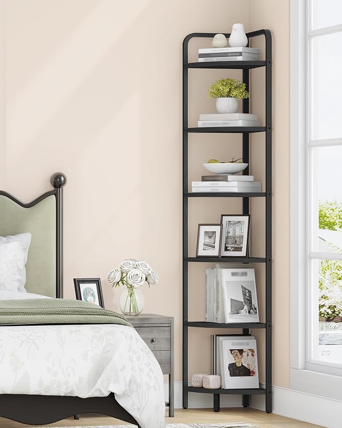 Hzuaneri Corner Shelf Stand Corner Bookshelf Standing Shelf Plant Shelf | Corner Display Rack with Metal Frame for Living Room, Bathroom, Kitchen, Industrial Style, 6 Tier Rustic Brown CS06604B