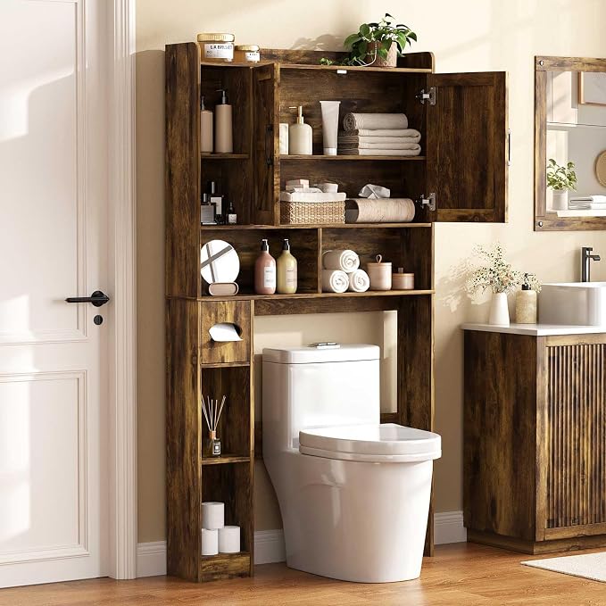 Vabches Over The Toilet Storage Cabinet with 2 Barn Doors, Rustic Brown | Farmhouse Storage Cabinet with Toilet Paper Holder Stand，Home Space-Saving Toilet Rack, for Bathroom, Restroom, Laundry