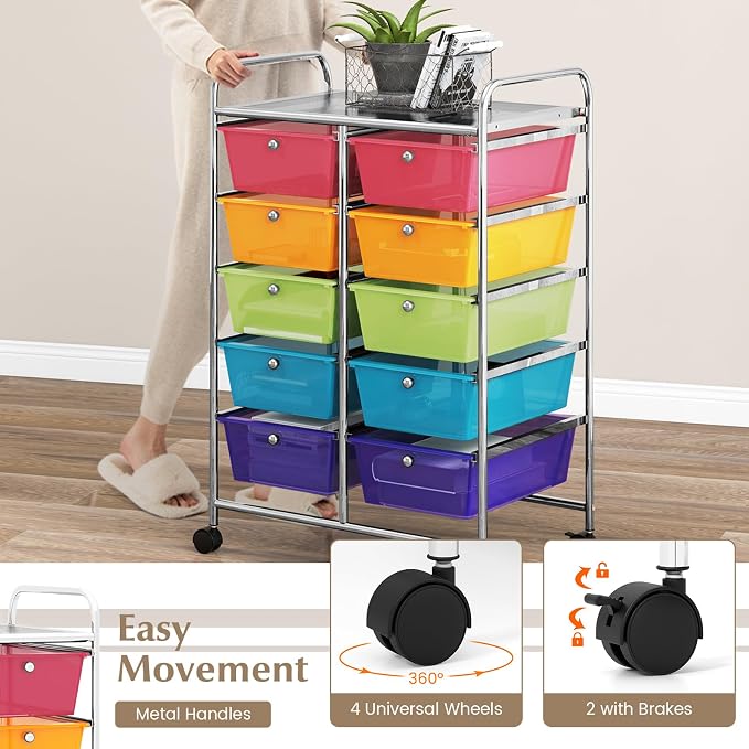 COSTWAY 10 Drawer Rolling Storage Cart, Utility Cart with Lockable Wheels | Mobile Art Supply Craft Organizer with Metal Frame, Multipurpose Drawer Cart for Paper for Office, School, Rainbow