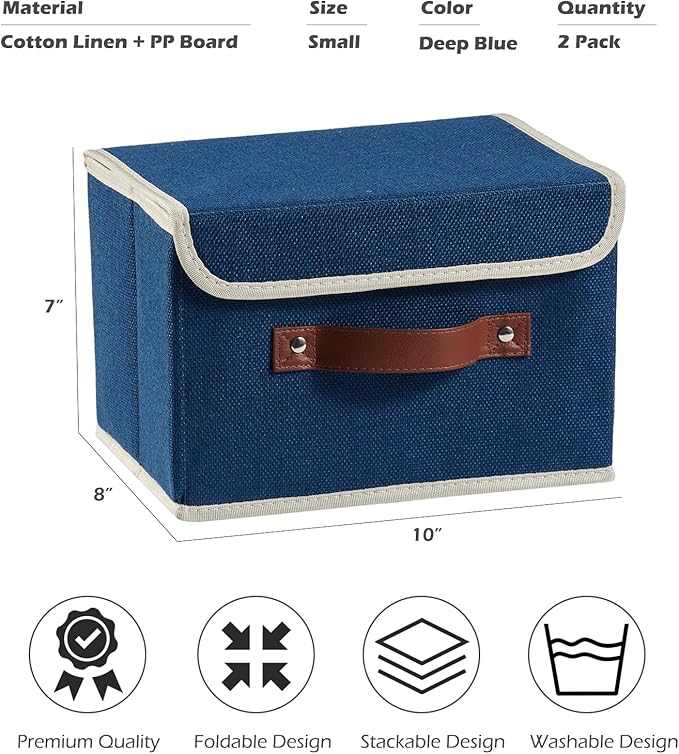 2PCS Storage Boxes with Lid Cotton Linen Fabric Storage Bins Organizer Container Decorative Collapsible Washable Shelf Closet Baskets Faux Leather Handles Home Bedroom (Deep Blue, Small)