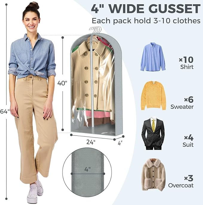 10 Pcs 40" Garment Bags for Hanging Clothes, Clear Suit Bags for Closet Storage Clothing Storage, Garment Bags Shoulder Covers with 4" Gussets for Coats, Jackets, Shirts and Sweater