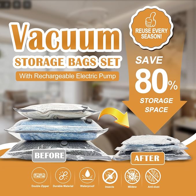 Travel Vacuum Bags with Electric Pump, Cordless Space Saver Storage Seal, Luggage Compression Packing Cubes for Clothing (15 Combo Set)