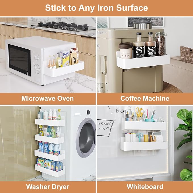 Mystozer Magnetic Spice Rack for Refrigerator, Kitchen Organizer and Storage Shelf, White (2 Pack)…