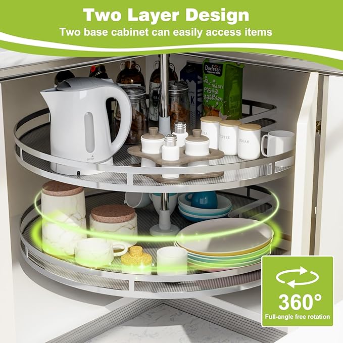 Blind Corner Cabinet Kidney Lazy Susan, Soft Close Rotary Cabinet Organizer 28inch, Corner Cabinet Lazy Susan for Blind Shelf, 2 Tiers Tray, Adjustable Height