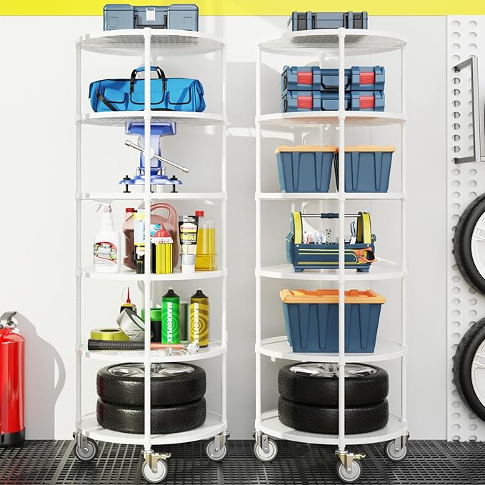 6 Tier NSF Metal Shelf Round Corner Wire Shelving Unit, 2400lbs Capacity Heavy Duty Adjustable Storage Rack with Shelf Liners for Kitchen Garage Office Etc Room Corner, 85.5"H x 30"L x 30"D - White
