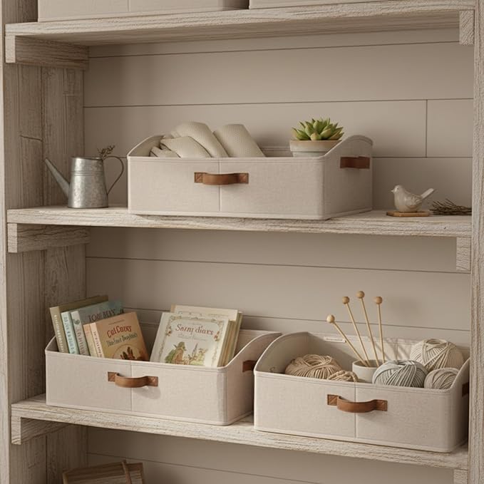 StorageWorks Closet Organizers and Storage, Trapezoid Storage Bins, Fabric Clothes Closet Bins, Storage Baskets for Shelves, Clothing, Toys, Towels, Large, Brown and Beige, 3-Pack