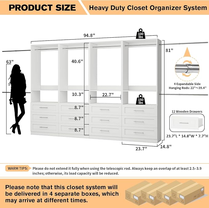 Closet System with 4 Sets, 8FT-21FT Customizable Closet Organizer System with 12 Drawers &4 Shelves & 8 Hanging Rods, Freestanding Closet Storage System, Modular Tower L-Shaped Walk-in Closet, White