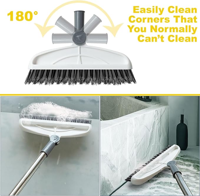 Grout Cleaner with Long Handle & Stiff Swivel Bristles - 2-in-1 Scrubber and Scraper, Tapered Design for Tile Floors, Baseboards, and Tight Spaces