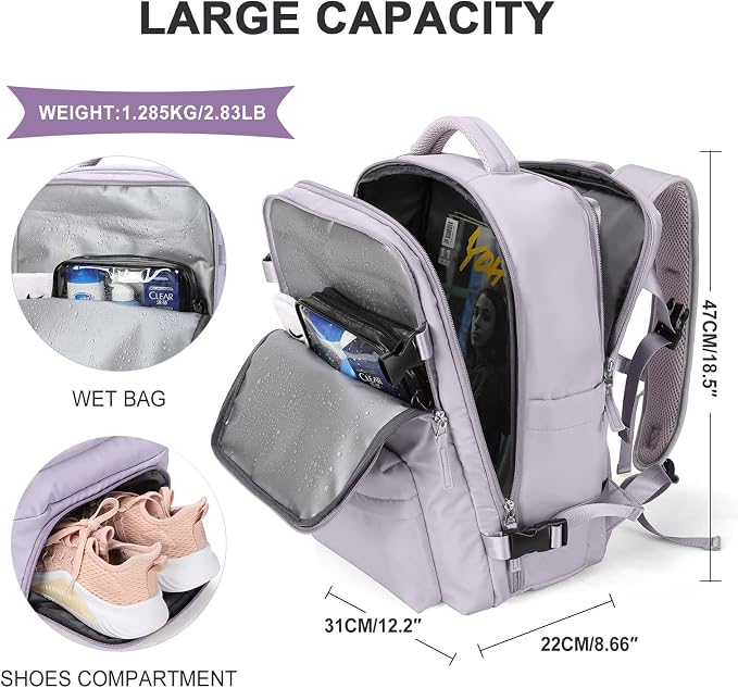 WONHOX Large Travel Backpack Women, Carry On Backpack,Hiking Backpack Waterproof Outdoor Sports Rucksack Casual Daypack with USB Charging Port Shoes Compartment, Purple
