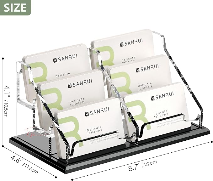 SANRUI Acrylic Business Card Holder, Black Business Cards Display Stand for Desk, Clear Horizontal 6 Slot Desktop Organizer , 360 Card Capacity