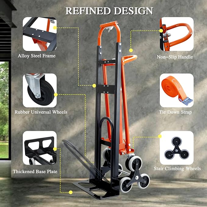 4 in 1Convertible Hand Truck Dolly for Stairs,1000 LBS Capacity Steel Hand Truck,Hand Trucks Heavy Duty Dolly Cart with Stair Climbing Wheels for Moving,Transport (Orange)
