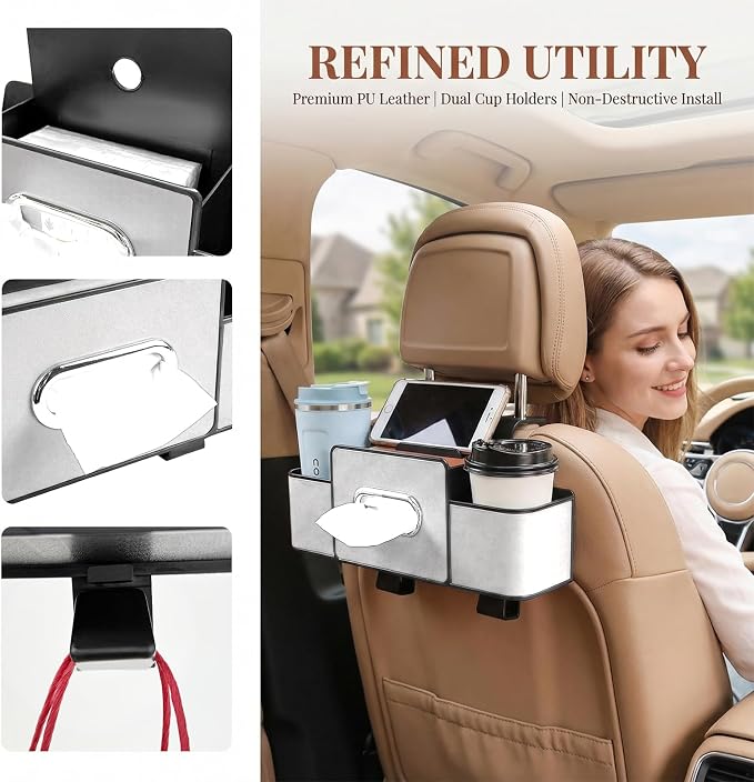 Car Back Seat Organizer, 3-in-1 Auto Seat Back Organizer with Tissue Box, Cup Holders & Hooks, Multifunctional Vehicle Backseat Hanging Organizers for Phones Drinks Handbags (Beige)
