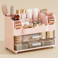 UFORU Makeup Organizer for Vanity with 2 Large Drawers, Cosmetic Display Case with Brush Holders, Easy to Storage for Bathroom Countertop Skincare, Perfume, Pink