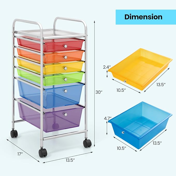 DREAMADE Rolling Cart with Storage Drawers, Utility Cart with Removable Plastic Drawers, Lockable Wheels, Art Cart for Classroom Organization Art Supplies Office Scrapbook (6 Drawers, Rainbow)
