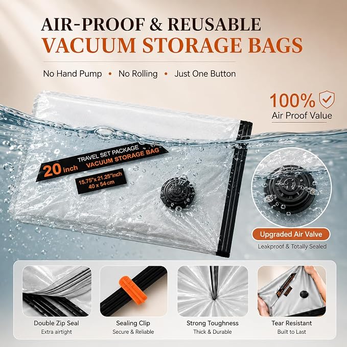 Travel Vacuum Storage Bags with Pump, Cordless Portable Vacuum Seal Bags for Clothing, Electric Rechargeable Pump Space Saver Bags Thicker Compression for Blanket, Luggage, Home Organization