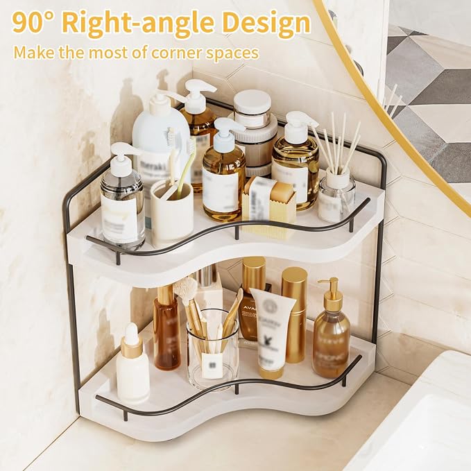 2-Tier Corner Bathroom Counter Organizer for Storage, White | Larger Size, Solid Wood, Embedded Screw Holes, sink and Vanity Countertop Organizer for Perfume, Skincare & Makeup Storage