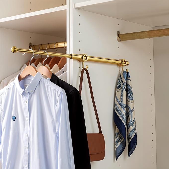 Valet Rod for Closet Pull Out with Hooks, Easy To Install (Brushed Gold, 14 Inch)
