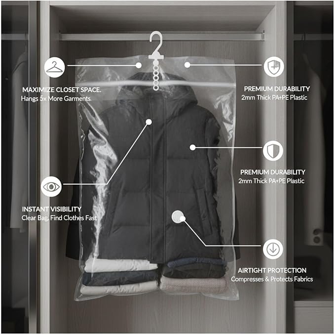 Hanging Vacuum Storage Bags for Closet, Clear Compression Saver for Coats & Suits, Space Saving Organizer (1 Pack)