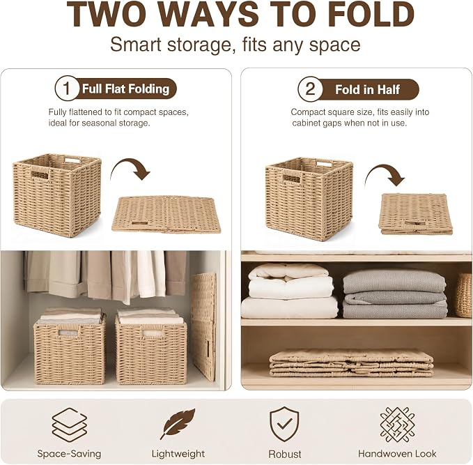 Cotton Rope Cube Storage Basket, 11 Inch Foldable Cubby Organizer Bins with Handles, Handwoven Square Basket for Organizing, Cube Closet Storage Bins for Shelves, Home Decor (Khaki)