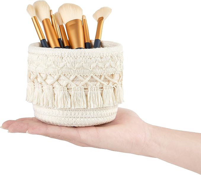 Mkono Macrame Makeup Brush Holder, Boho Mini Storage Basket Set of 2 Ivory | X-Small 3.9"W x 3.9"H, Decorative Basket, Comb Pens Tiny Succulents Holder, Bedroom Vanity Living Room Bathroom Dorm Office