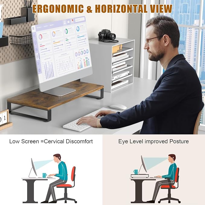 XINYAO Wood Monitor Stand Riser for Desk, 24x12x3 inch, Rustic Brown | Sturdy wooden & steel computer monitor riser; ergonomic height reduces neck strain; Organizer for Office Laptop, PC, Printer